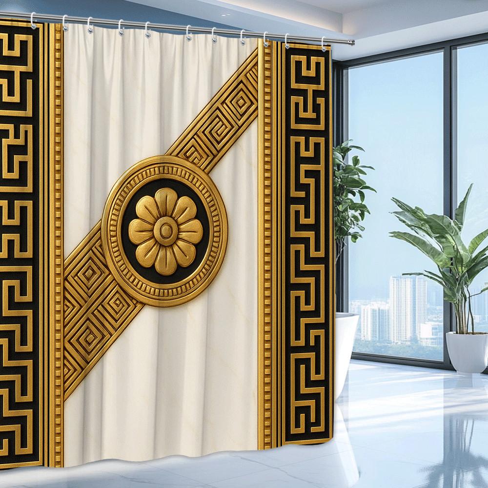 Tenda da Doccia con Motivo a Greca Oro e Nero Design Antico Stile Architettura Classica Decorazione Impermeabile Installazione Semplice