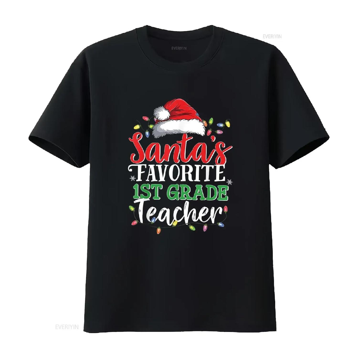 

Santa s Favorite 1st Grade Teacher Christmas Funny T Shirt vintage Washed Comfortable Top For Everyday Wear Unisex Versatile S чёрный