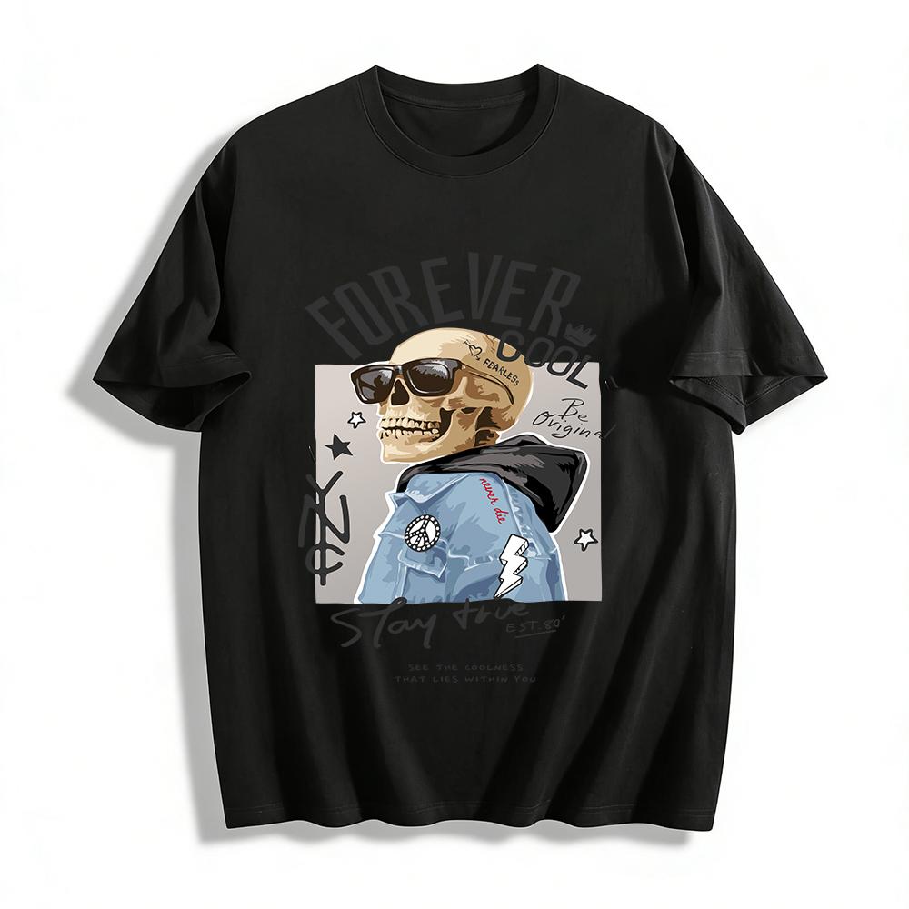 Vintage Street Style Skull Print Denim Jacket Cool Retro Casual Top Pure cotton T-shirt XXS
