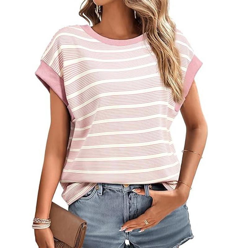 

Summer Women s New Round Neck Striped Knitted T-shirt Fashionable Loose and Versatile Contrasting Color Top S рожевий