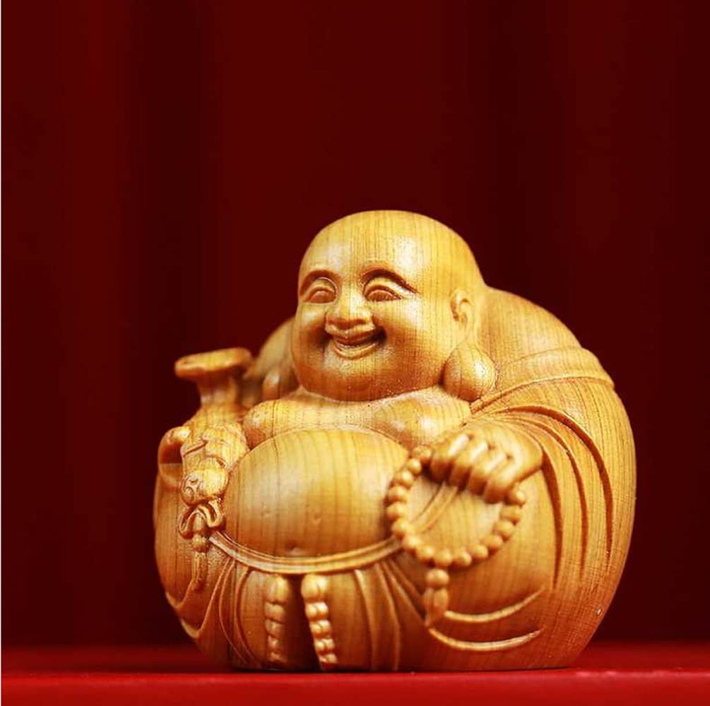 WOWTAC Hotei Seven Lucky Gods Boxwood Mini Hand-Carved Figurine, Buddha Statue Wooden Ornament, Good Fortune Money Luck Charm Amulet