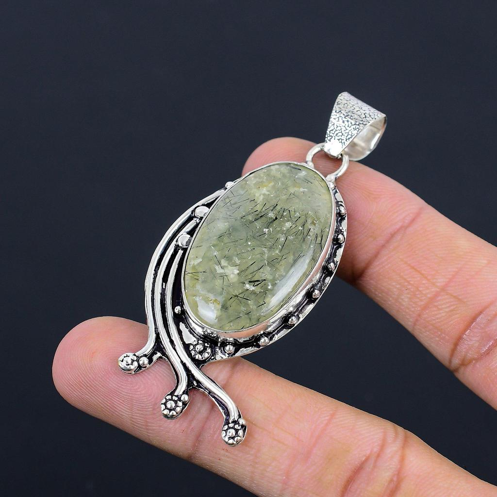 Natural Moss Moss Prehnite Gemstone Pendant 925 Sterling Silver For Women