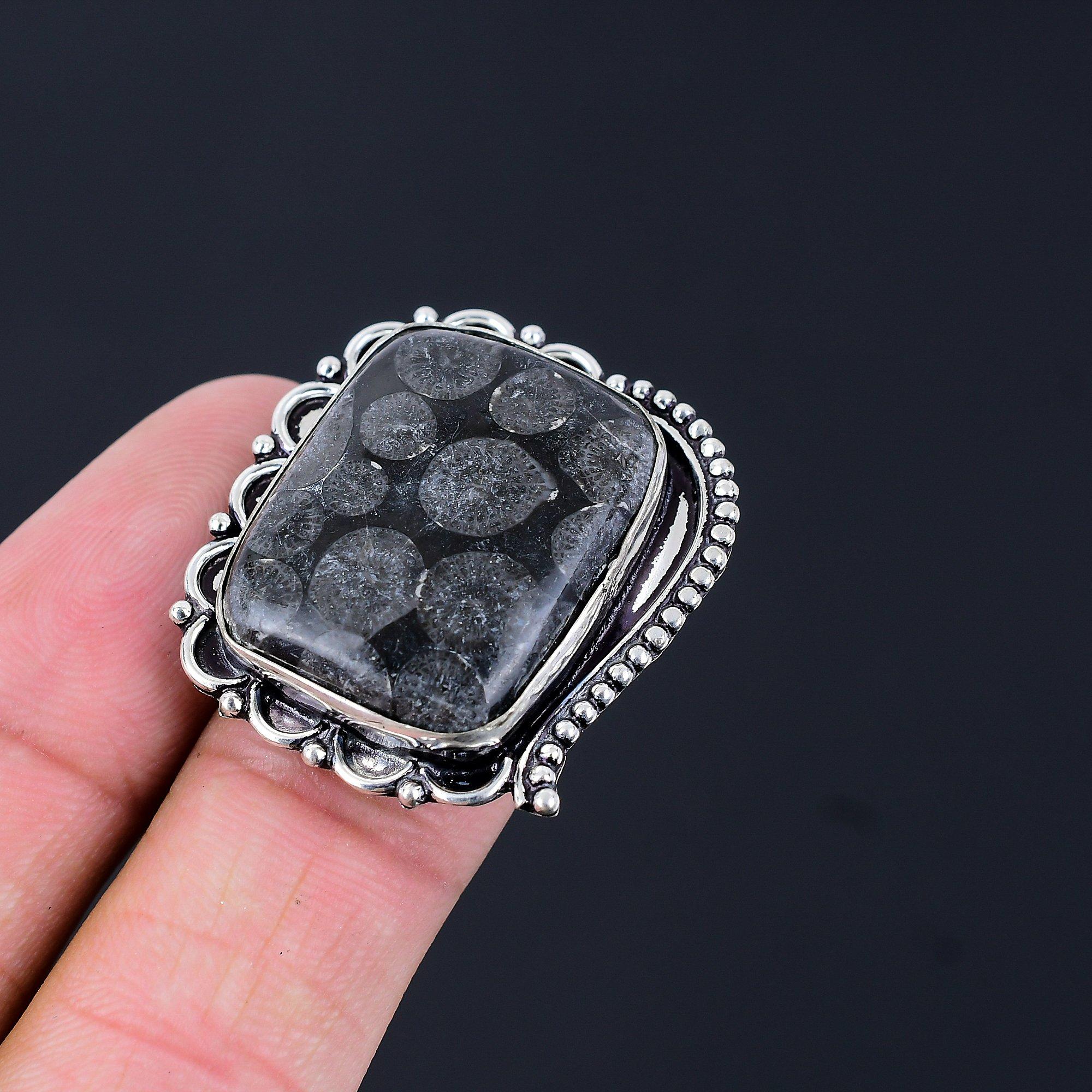 Radiant Black Fossil Coral Gemstone Sterling Silver Statement Wife Ring Size 6.5 6.5