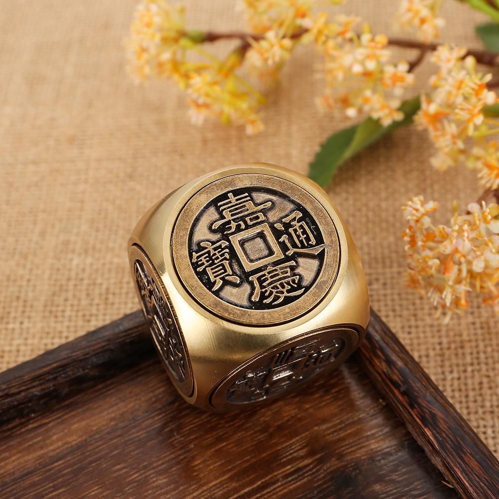 Brass Rotating Handle with Six-Sided Ball and Five Emperors Coins Desktop Ornament