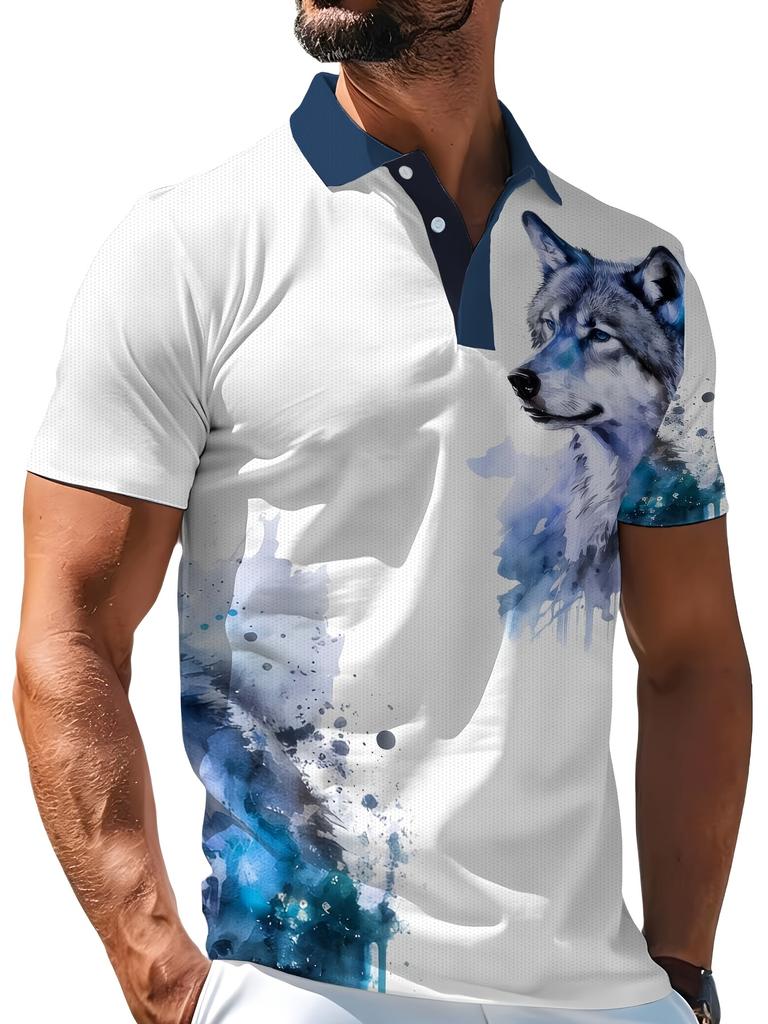 Men'S Summer Polo Shirt, Breathable Short Sleeves, Versatile Business Casual Top with a Gradient Ink Wolf Head Print, Casual Collar Wild Style Shirt