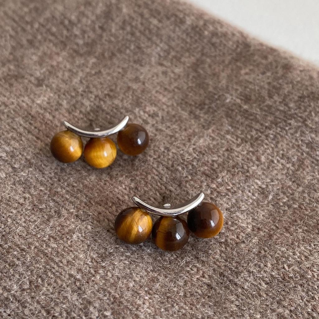 French smile brackets 925 silver needle curvature geometric natural tiger's eye stone stud earrings simple