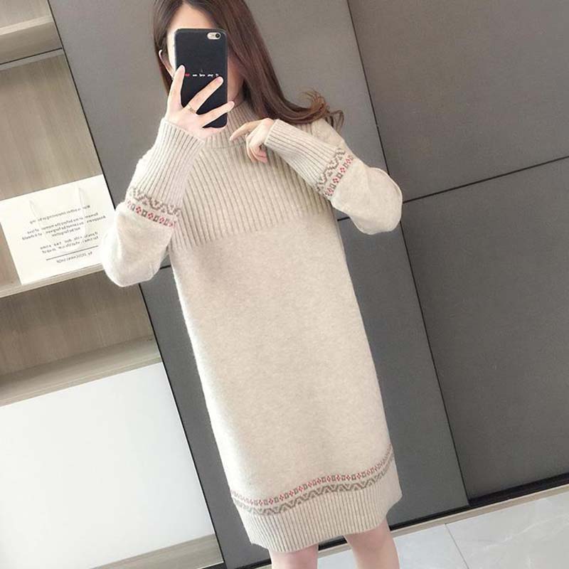 Svetr pro ženy Podzim Zima Zesílený Hřejivý Pletený Pružný Dlouhý Rukáv Oversize Pletené Svetrové Šaty Top