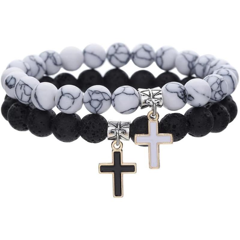 White turquoise volcanic stone bracelet, cross pendant, trendy men s couple, natural stone handmade jewelry