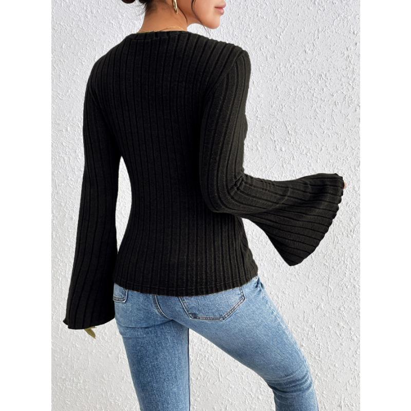 Women S Solid Slim Fit Sweater Round Neck Flared Sleeve Autumn Casual