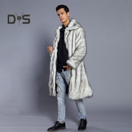 Men Long Faux Fur Overcoat Lapel Long Sleeve Windproof Open Front Coat Thickened Warm Imitation Fur Outwear
