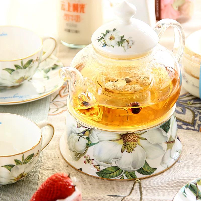 Magnolia Vlinder Bloemen Theeservies, Glazen Theepot met Onderzetter, Bone China Theekopjes Schoteltjes, Elegante Fruit Bloemen Theepot Set voor Afternoon Tea Huisdecoratie