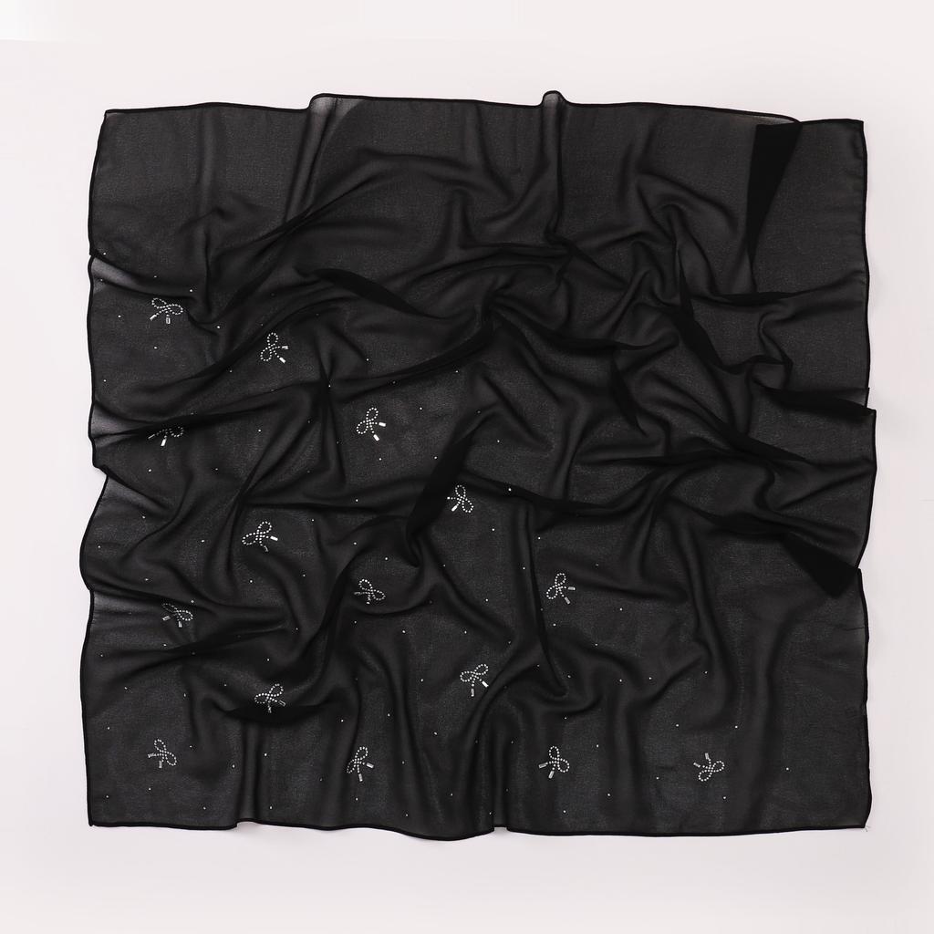 Simple Solid Color Star Bow Rhinestone Chiffon Square Scarf For Women
