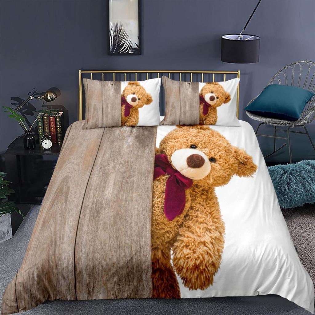 Cute Teddy Bearduvet cover for boys and girls, adult room decoration, bedding microfiber bed cover 3-piece set, bedroom decorati