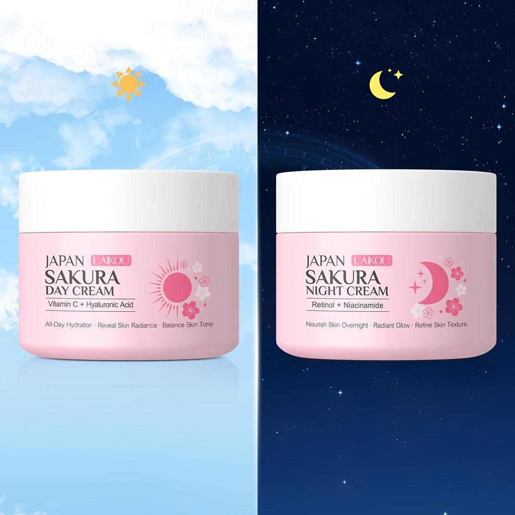 Sakura Face Cream Set with Vitamin C, Hyaluronic Acid, Niacinamide & Retinol, Day & Night Moisturizer, 30g