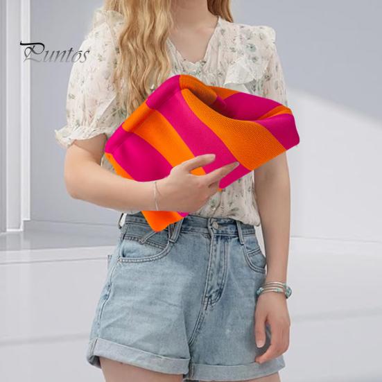 Summer Beach Clutch Women Handbag Colorblock Knitted Large Capacity Mouth Cosmetic Cellphone Color-blocked Keys Stoarge Pouch Lady Purse Compact
