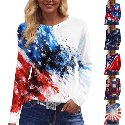 Damska modna, swobodna, rozcięta na dole, okrągły dekolt, długi rękaw, luźny, nadrukowany T-shirt