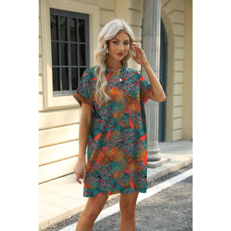 YYFS Damenmode Sommer Frühling Blumenmuster Druck Kurzarm O-Ausschnitt Lose Taille Freizeitkleider