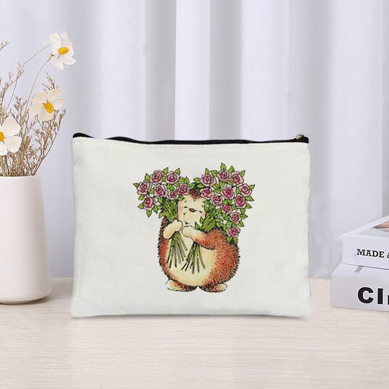Cartoon Hedgehog Print Zipper Canvas Bag Organizer Skin Care Products Sundries Storage Cosmetic Bags Cute Stationery Pencil Case