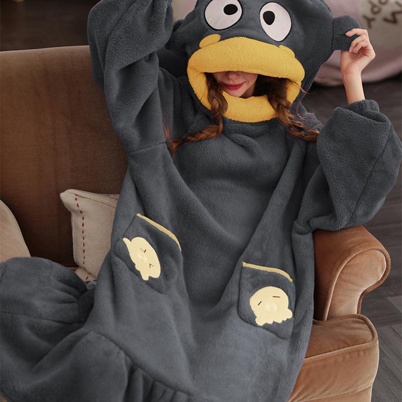 Rouxian Women's Cozy Coral Fleece Hooded Pajamas & Bathrobe for Autumn/Winter