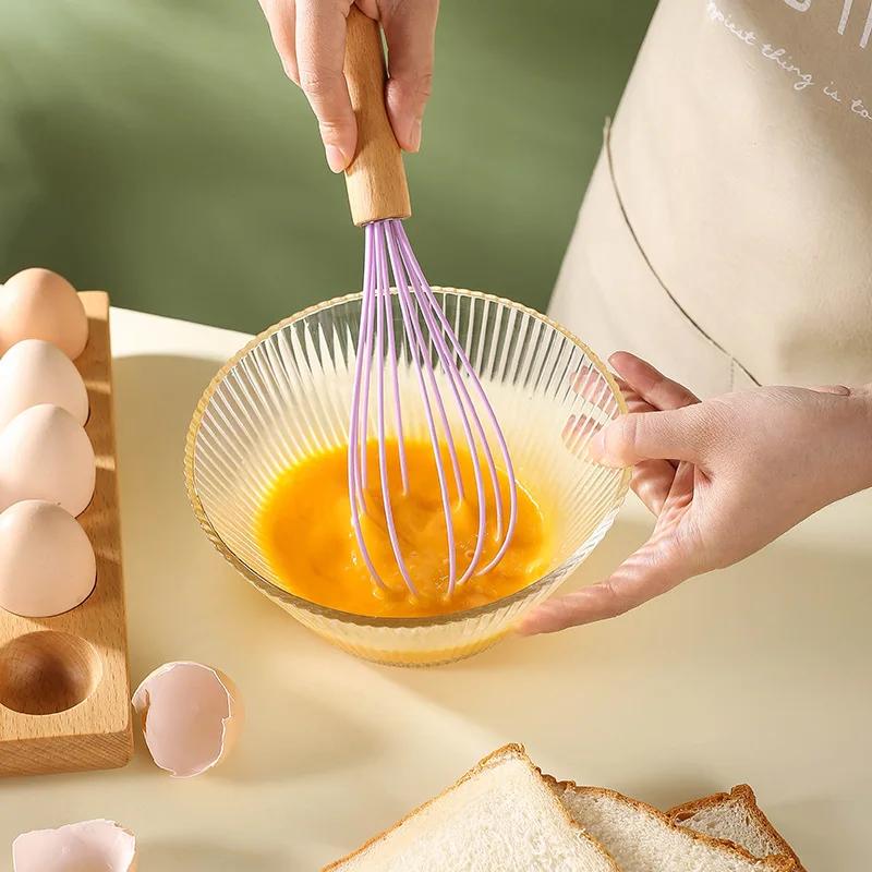 Silicone Egg Beater Whisk Wooden Handle Kitchen Hand Egg Beater Gadgets Kitchen Tools Baking Accessories