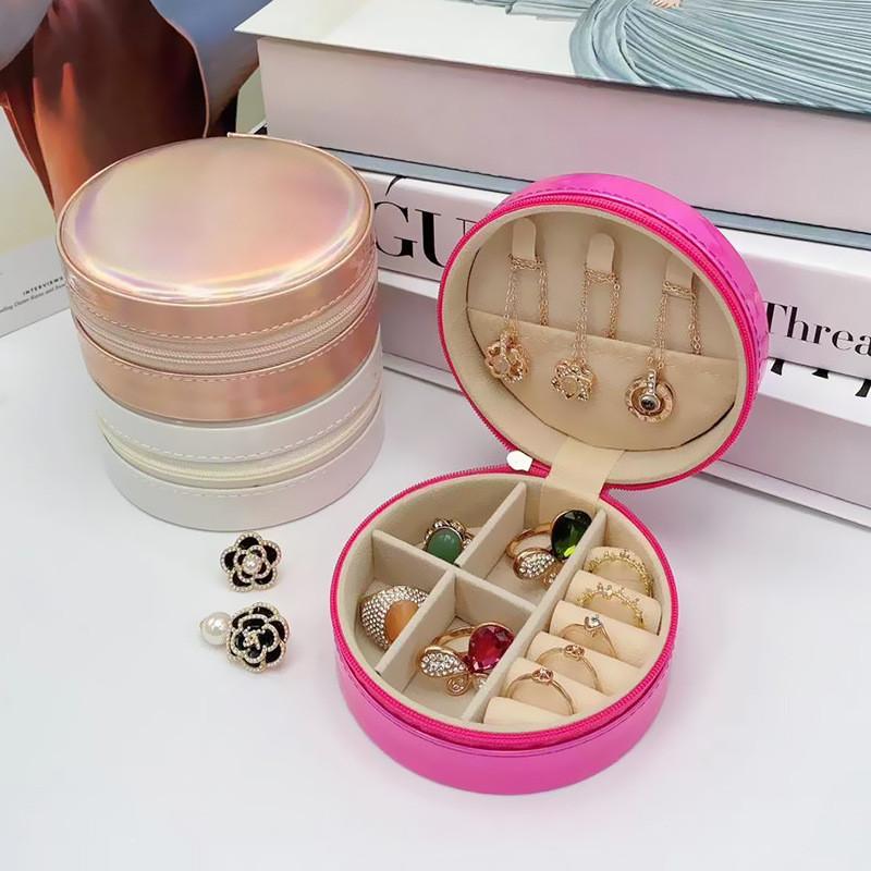 Jewelry Storage Box Round Portable Pu Leather With Laser Pattern For Gift And Organization