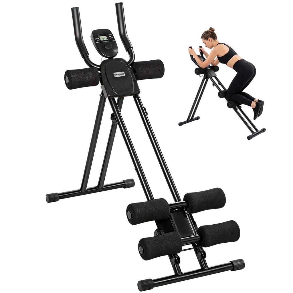 Foldable Abdominal Trainer, LCD Screen, Dual Rail, PVC Foam, Steel Frame, 92 x 41 x 83 cm, Black