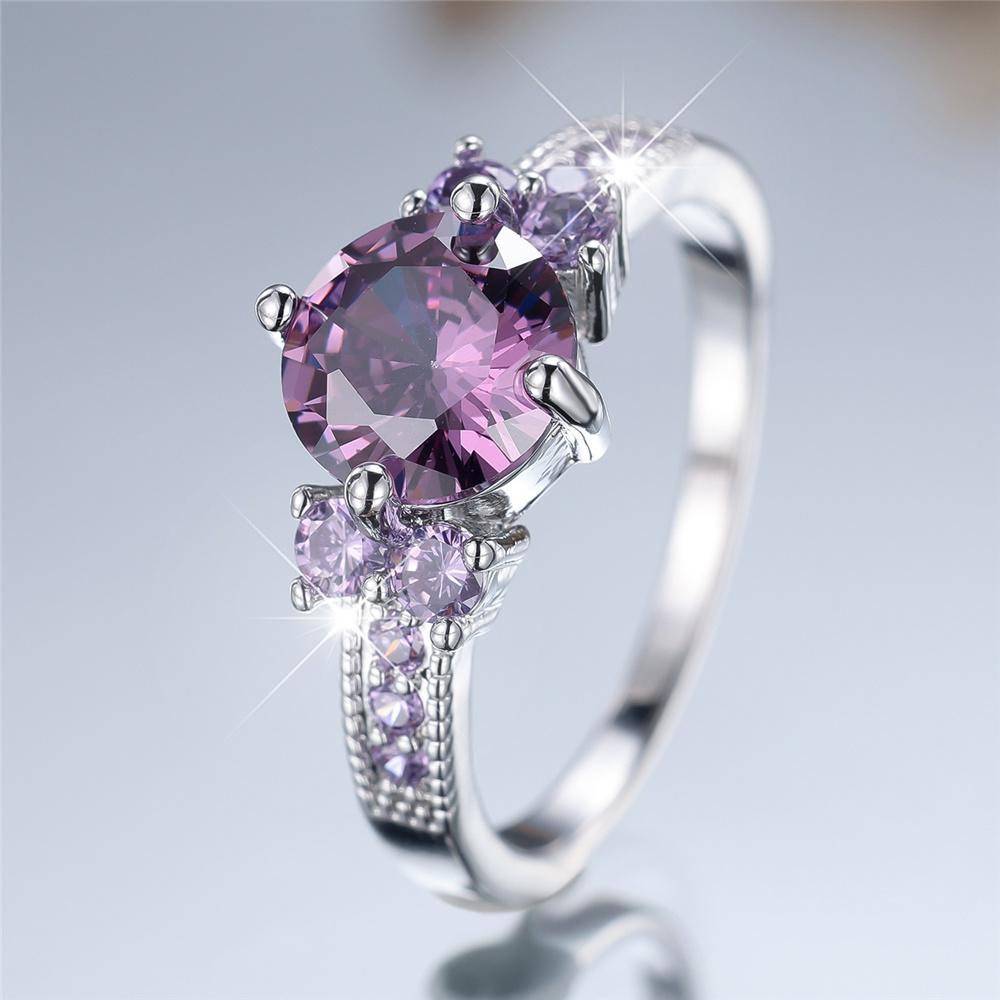 Cute Female Purple Zircon Round Stone Ring Silver Color Engagement Charm Wedding Jewelry For Women