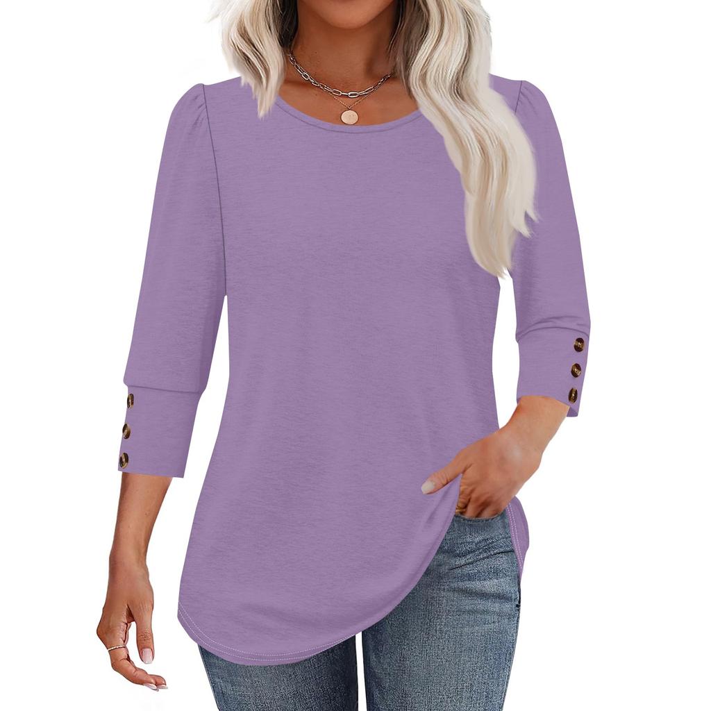 Women's Fashion Casual Solid Color Round Neck Seven-quarter Sleeve T-shirt Top