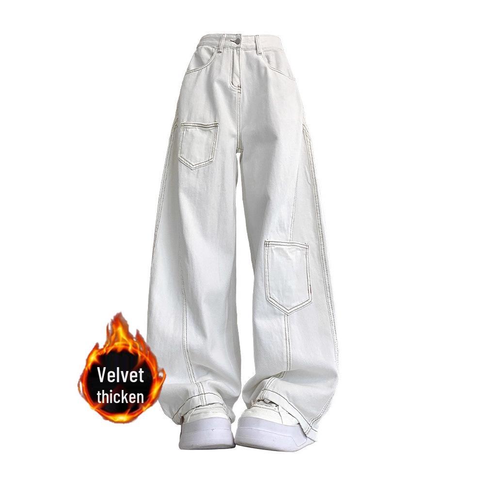 American Retro High-Waisted White Wide-Leg Jeans for Women – Autumn/Winter Plus Velvet, Slimming, Loose Fit.