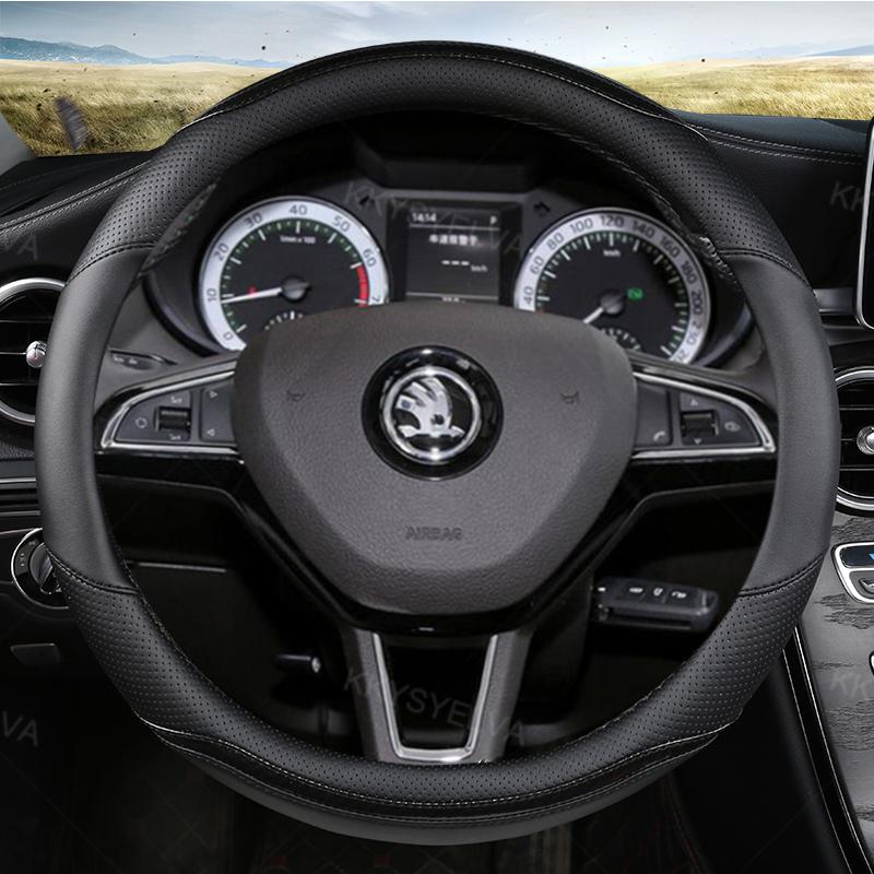 Fibră de carbon+ piele husă volan auto anti-alunecare pentru interior auto Skoda Fabia 1 2 3 I II III