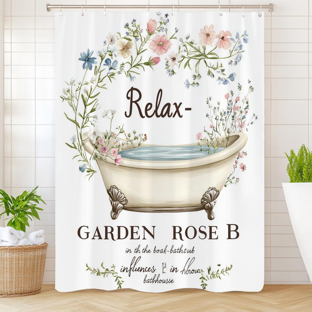 Flowers And Plants In Spring Bathtub Pattern Printed Shower Curtain, Bathroom Decorative Shower Curtain, Home Curtain With Hooks
