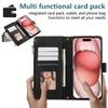 For iPhone 15 Pro Case Multi Card Slots Zipper Leather Phone Cover with Wrist Strap