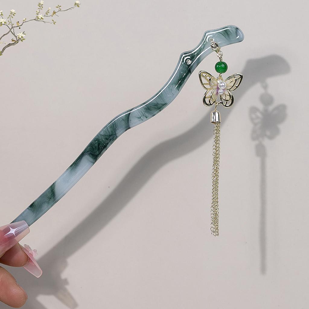 Ancient Chinese Style Hairpins Gradient Green Color Resin Hair Sticks Forks Chain Tassel Pendant Headpieces Hair Bun Maker