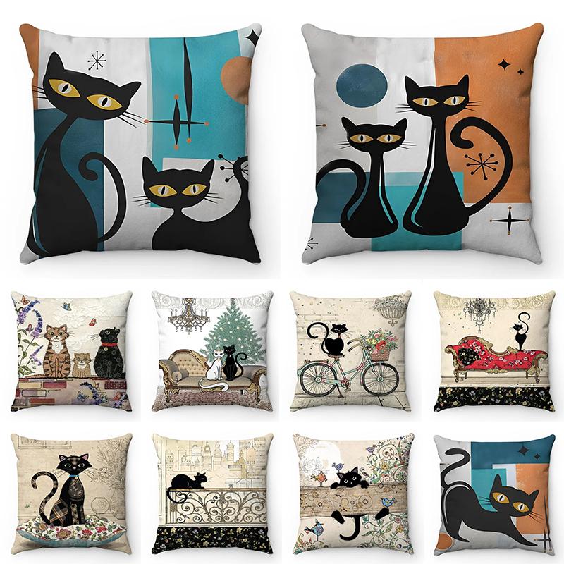 Cartoon kleine schwarze Katze niedliches Haustier Märchenmuster Serie Sofakissenbezug Heimdekoration Wohnzimmer Büro Auto Kissenbezug