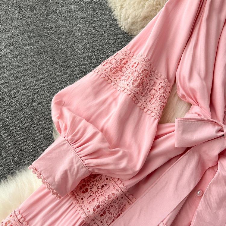 Luxury Party Dress for Women Long Lace Hollow Out Bandage Runway Patchwork Solid Lantern Sleeve Single Breasted Stand Dress