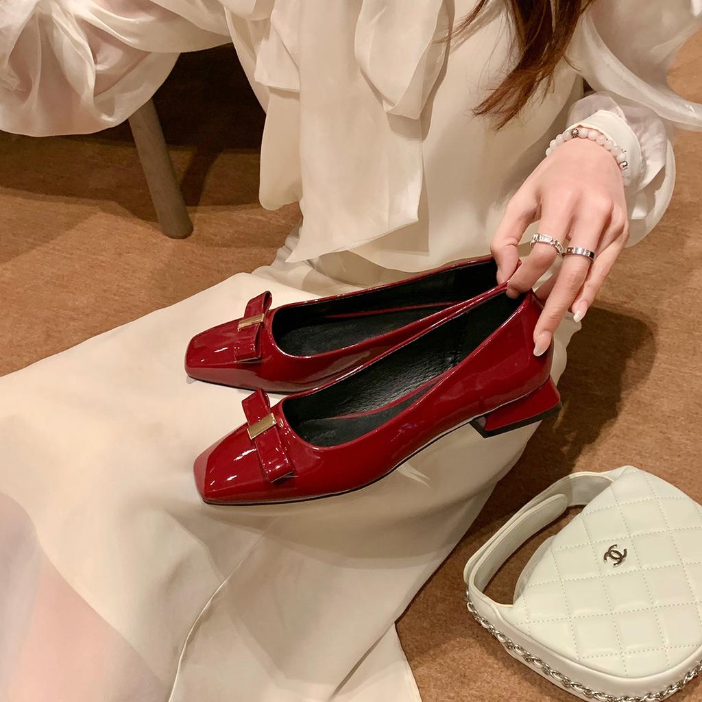 Grape mother studiolee temperament square head metal buckle bow thick heel commuting versatile light mouth single shoes women's spring