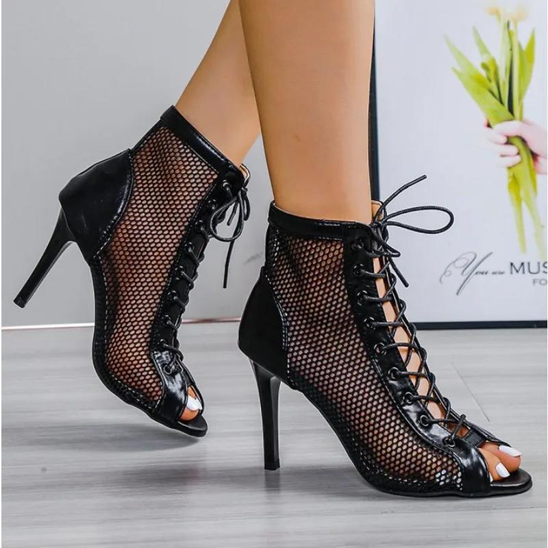 Fashion Sexy High Heels Hollow Mesh Sandals for Women Peep Toe Stilettos Comfortable Plus Size Jazz Dance Fashion Trend Summer Boots