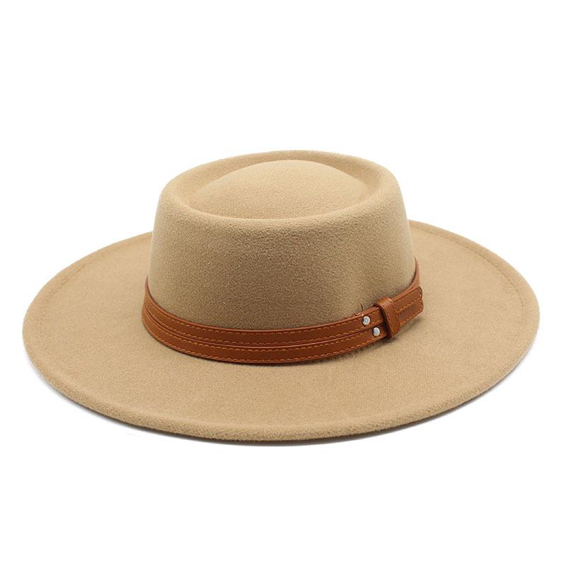 French Double Belt Buckle White Woolen Hat Flat Top Top Hat Female British Retro Style Wide Brim Felt Hat