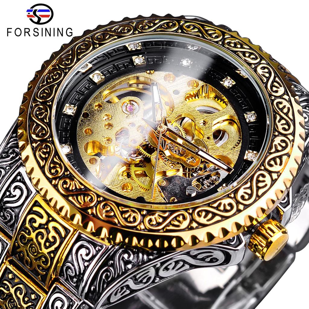 Mechanische Herrenuhr Automatische Armbanduhr Luxus Diamant Edelstahl Skelett Uhren Gold Relogio Masculino