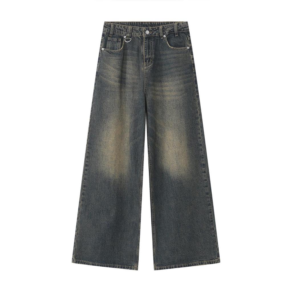 2024 Unisex Retro Hong Kong Style Wide-Leg Jeans - Blue, All-Season