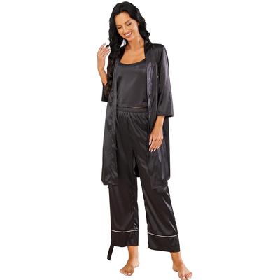Pijamas de satén para mujer, trajes de dormir de tres piezas, bata de noche, camisa con tirantes, pantalones largos, ropa de descanso para primavera y otoño, camisones negros