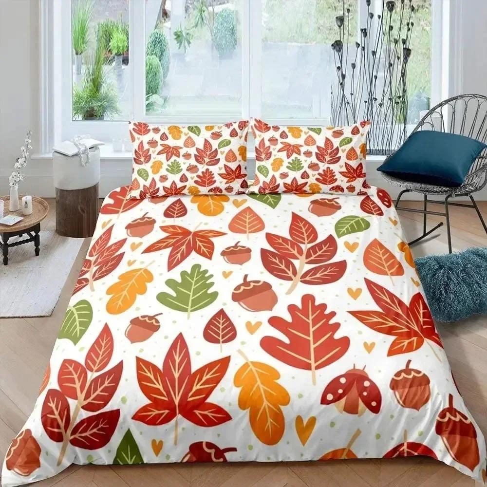 Maple Leaves Duvet Cover Set Colorful Autumn Season Maple Leaves In Unusual Designs Nature Print King Size 3D Bedding Set