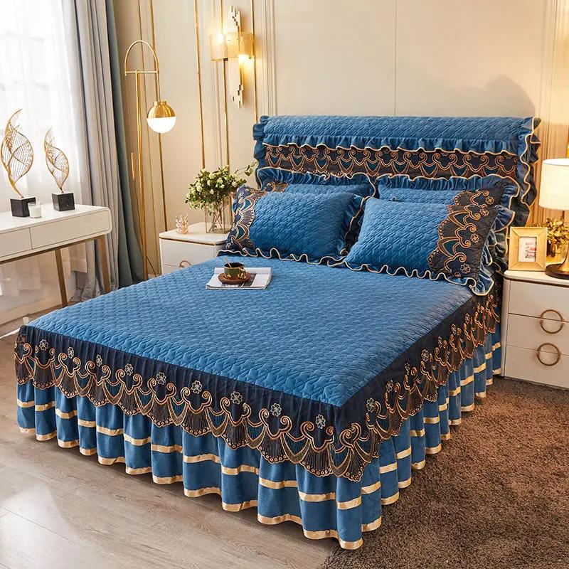 Luxury Winter Crystal Velvet Thicken Quilted Bedspread King Queen Size Flannel Bed Skirt Not Including Pillowcase