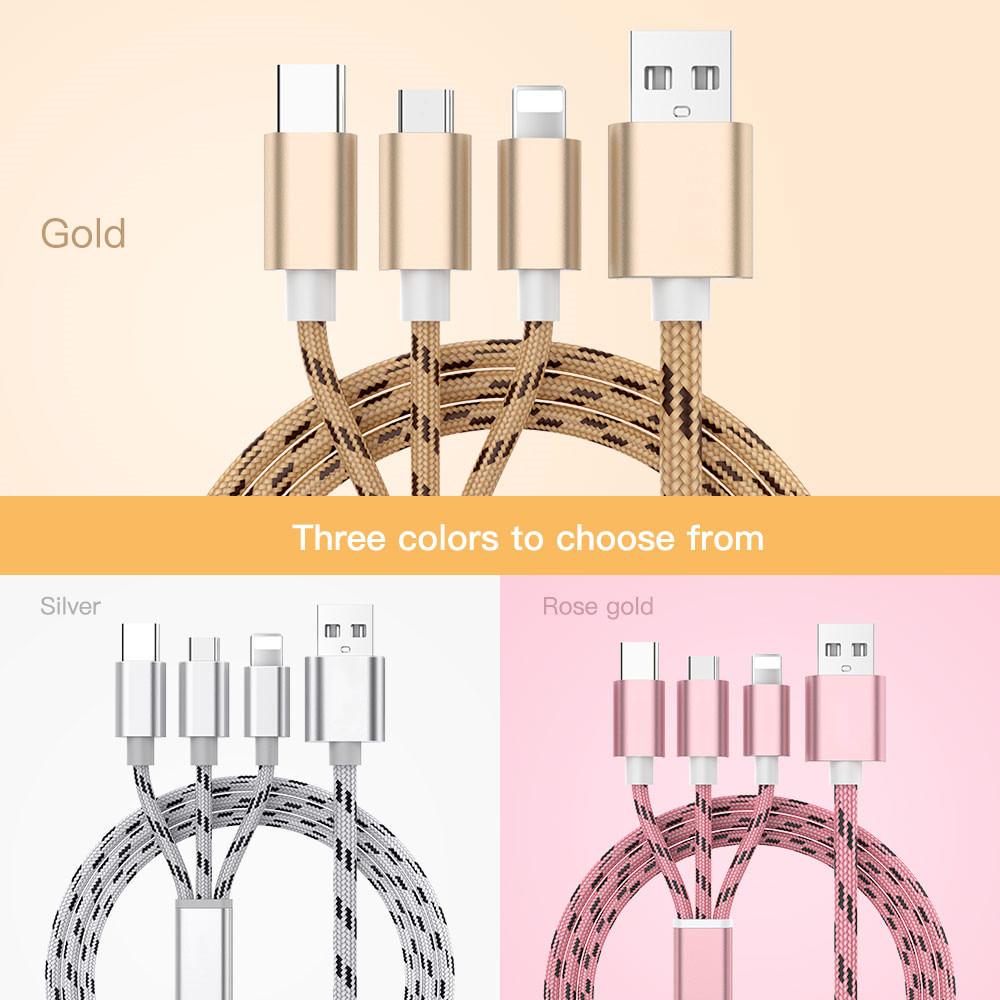 3 In 1 USB Charger Cable for iPhone Micro USB Type C Cable for Fast Charging Cable Charger Cord