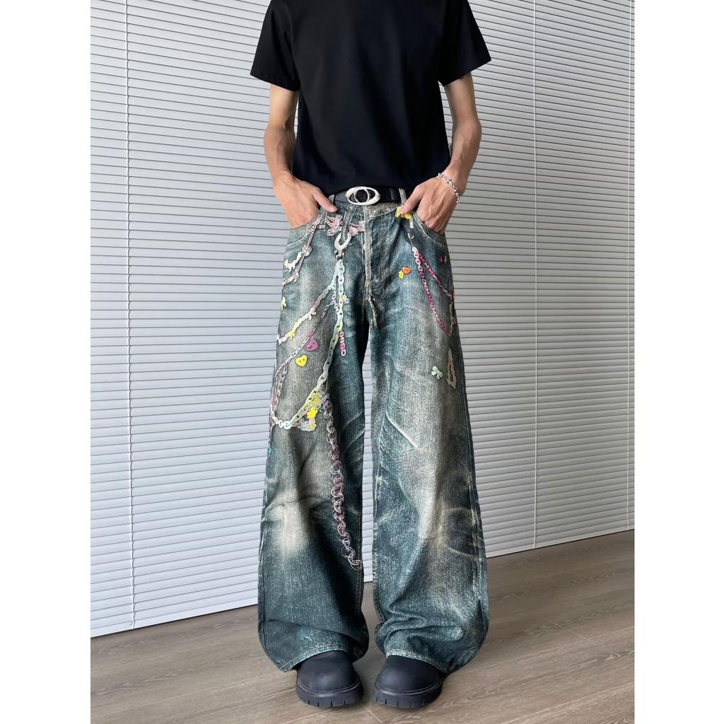 JYL Unisex Chain Print Jeans Spring Loose Straight Wide-Leg Denim Pants