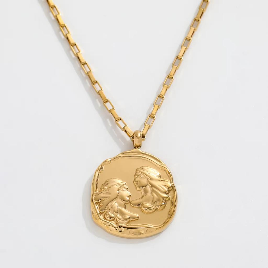 JOOLIM High End 18k PVD Gold Plated Stainless Steel  Cast Round Coin Sign Zodiac  Horoscope Necklace