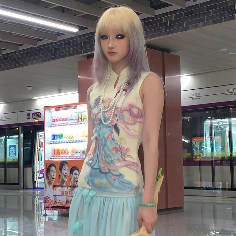 Japanese Y2k Ribbed Tank Top Fairycore Print Sleeveless Tops Vintage Harajuku Slim Tanktop 2000s Aesthetics Clothes 90s