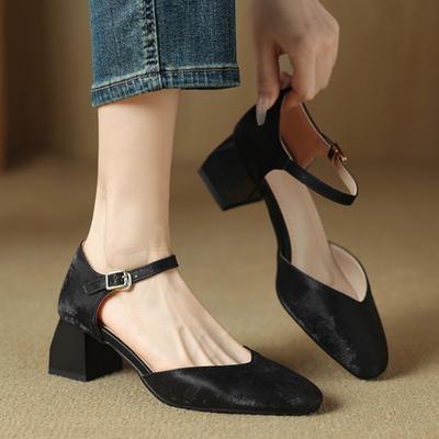 Elegant Women's Sandals Summer Shoes 2024 Ankle Strap Low Heels D'Orsay Close Toe Black Green Footwear Party Shoes Girls