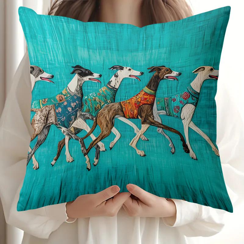 1Pc Cute Greyhound Running Art Print Pillow Cover, 2D Double-Sided Polyester Cushion Case, Colorful Boho Dog Room Decor, Perfect