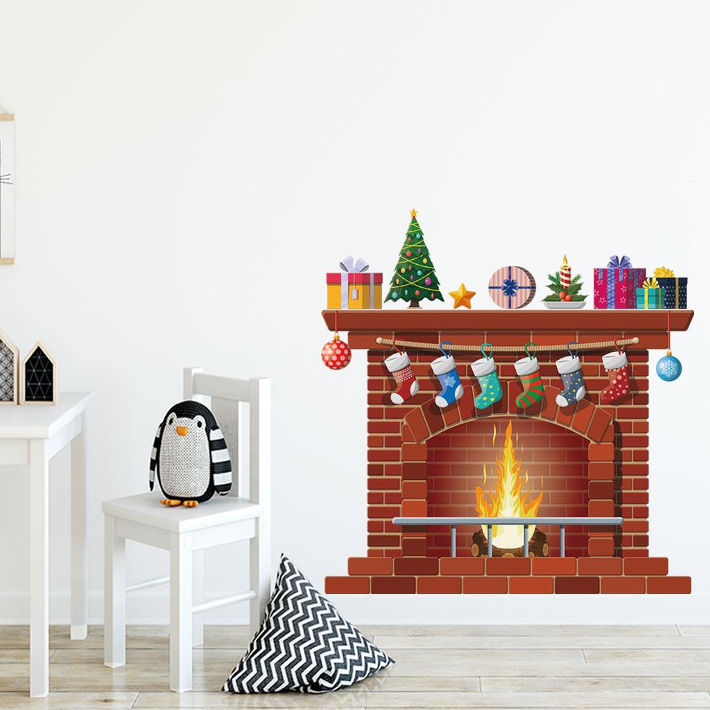 Fancyfamily 1 Pc Christmas Fireplace Creative Wall Stickers Christmas Living Room Bedroom Window Glass Decorative Wall Stickers